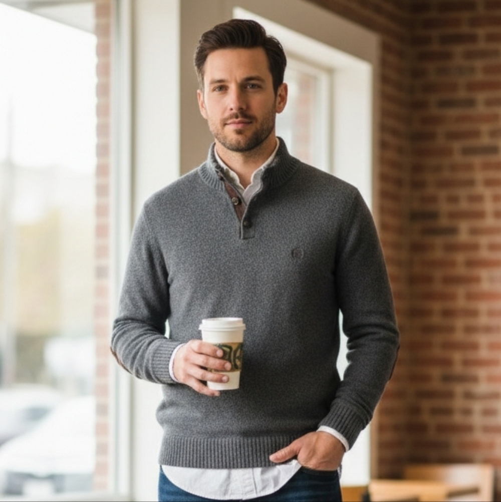 Chaps Men’s Grey Knit Sweater Medium Suede Brown Elbow Patches Cotton Logo